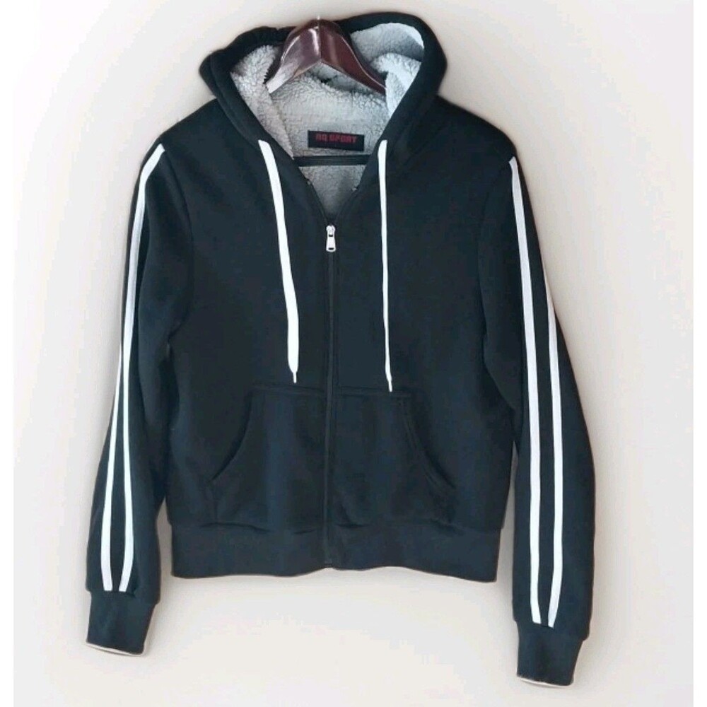 Hoodie Womens Junior Large Black Sweatshirt White Stripes Zip Faux Fur Lined Y2k